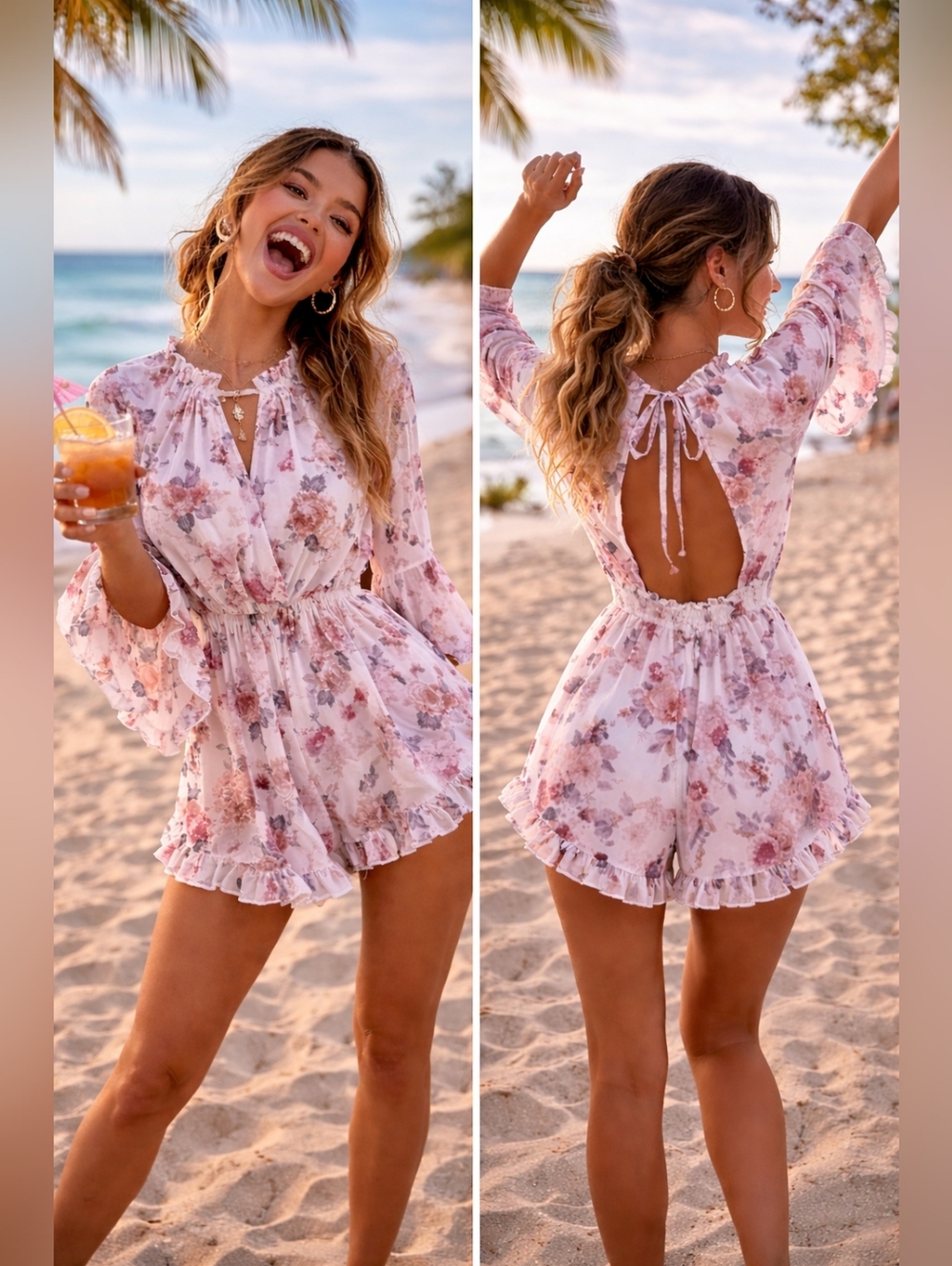 Floral Chiffon Long Sleeve Women's Romper M